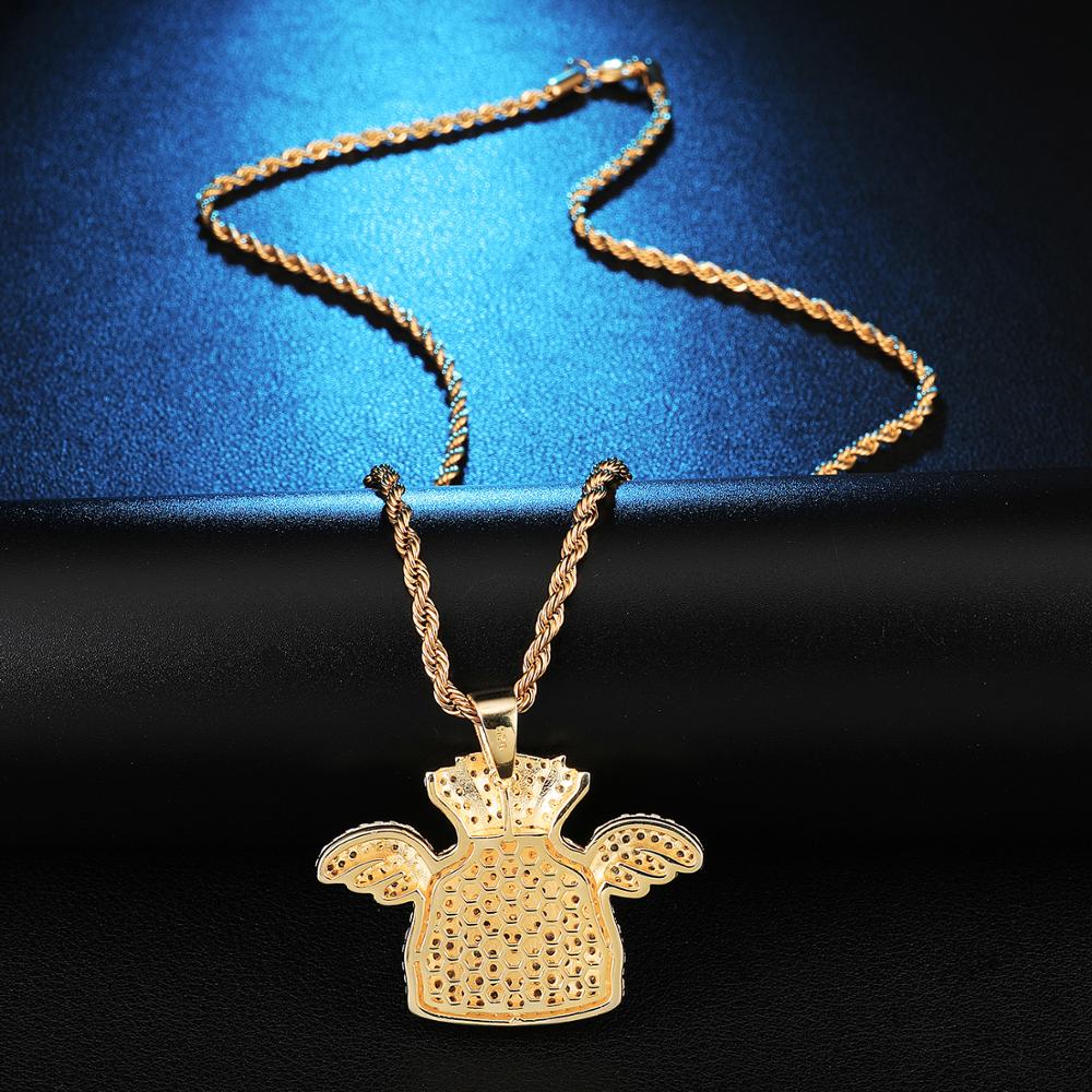 Cubic Zirconia Studded Dollar Cent Money Bag with Angel Wings Bling Hip-hop Pendant Necklace-Necklaces-Innovato Design-Innovato Design