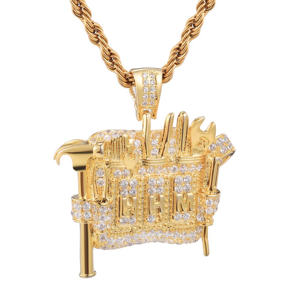 Cubic-Zirconia-Studded Gold-Plated Mechanic Tools Bling Hip-hop Pendant Necklace-Necklaces-Innovato Design-Innovato Design