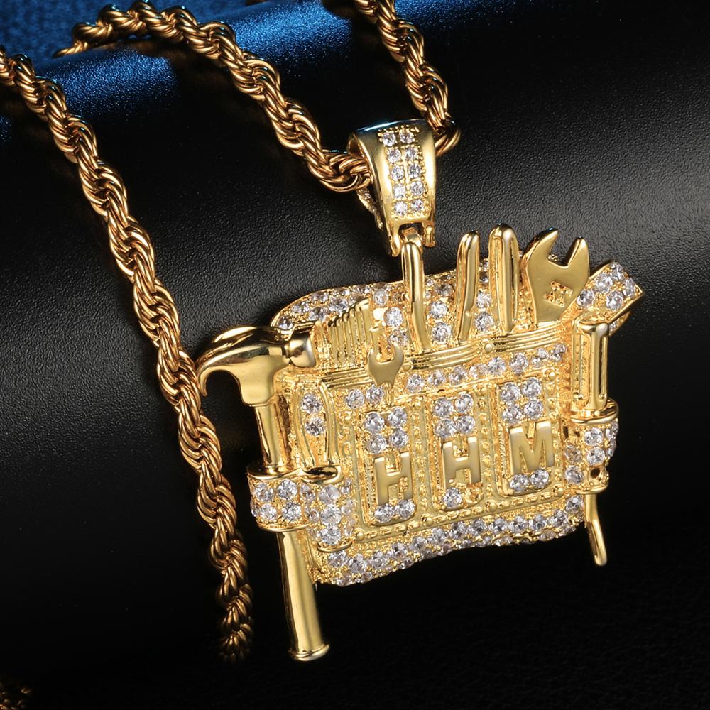 Cubic-Zirconia-Studded Gold-Plated Mechanic Tools Bling Hip-hop Pendant Necklace-Necklaces-Innovato Design-Innovato Design