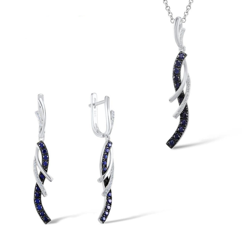 Waved Design Blue and White Cubic Zirconia 925 Sterling Silver Fashion Pendant and Drop Earrings Jewelry Set-Necklaces-Innovato Design-Innovato Design