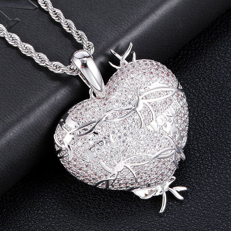 Cubic-Zirconia-Studded Heart with Thorns Bling Hip-hop Pendant Necklace-Necklaces-Innovato Design-Silver-4mm Tennis-20inch-Innovato Design