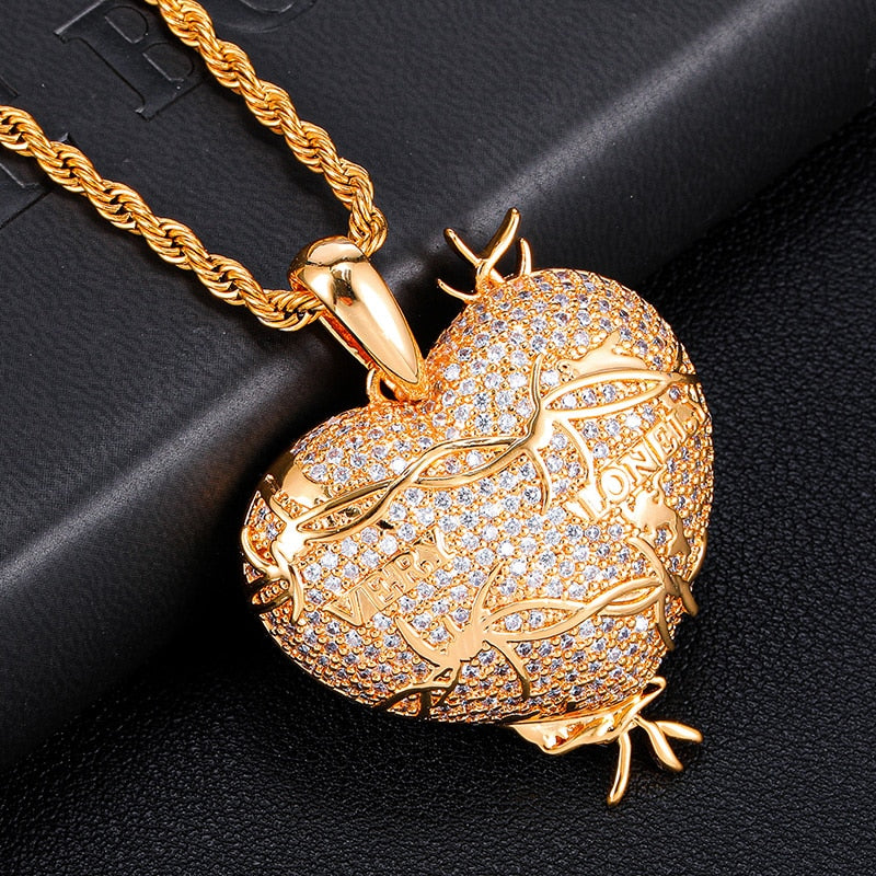Cubic-Zirconia-Studded Heart with Thorns Bling Hip-hop Pendant Necklace-Necklaces-Innovato Design-Silver-4mm Tennis-20inch-Innovato Design