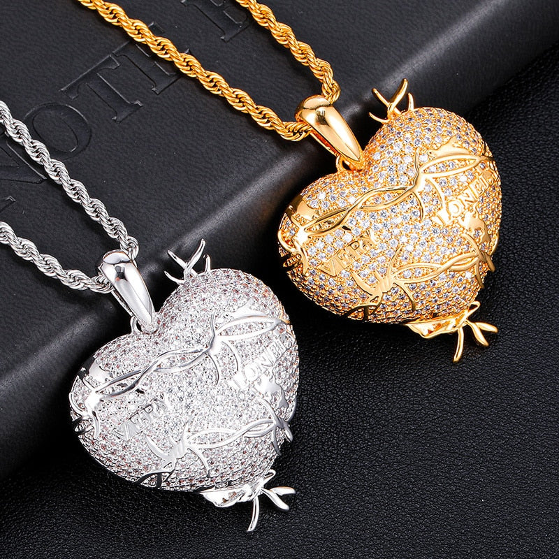 Cubic-Zirconia-Studded Heart with Thorns Bling Hip-hop Pendant Necklace-Necklaces-Innovato Design-Silver-4mm Tennis-20inch-Innovato Design