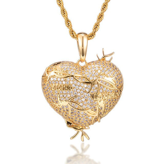 Cubic-Zirconia-Studded Heart with Thorns Bling Hip-hop Pendant Necklace-Necklaces-Innovato Design-Gold-4mm Tennis-24inch-Innovato Design