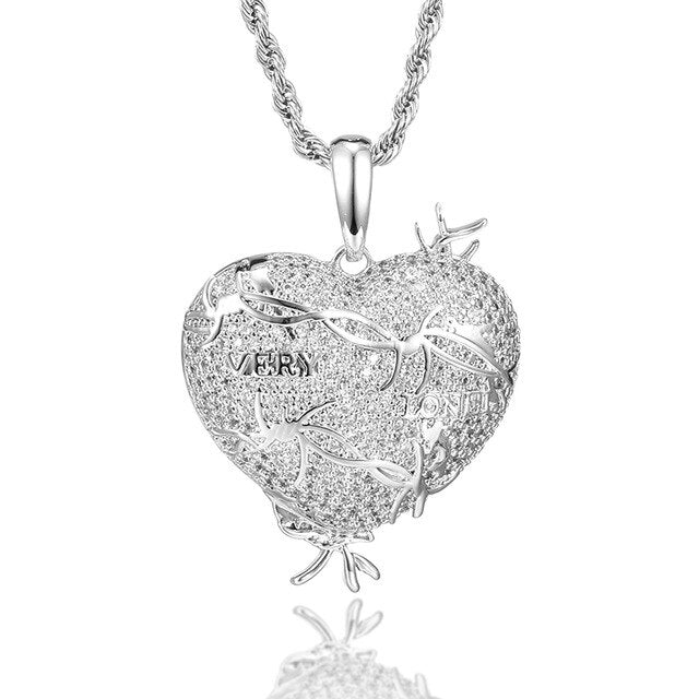 Cubic-Zirconia-Studded Heart with Thorns Bling Hip-hop Pendant Necklace-Necklaces-Innovato Design-Silver-4mm Tennis-20inch-Innovato Design
