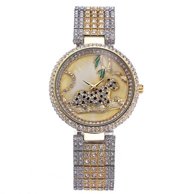Waterproof Leopard Shining Cubic-Zirconia-Studded Stainless Steel Band Fashion Hip-hop Quartz Watch-Watches-Innovato Design-Gold Silver-Innovato Design