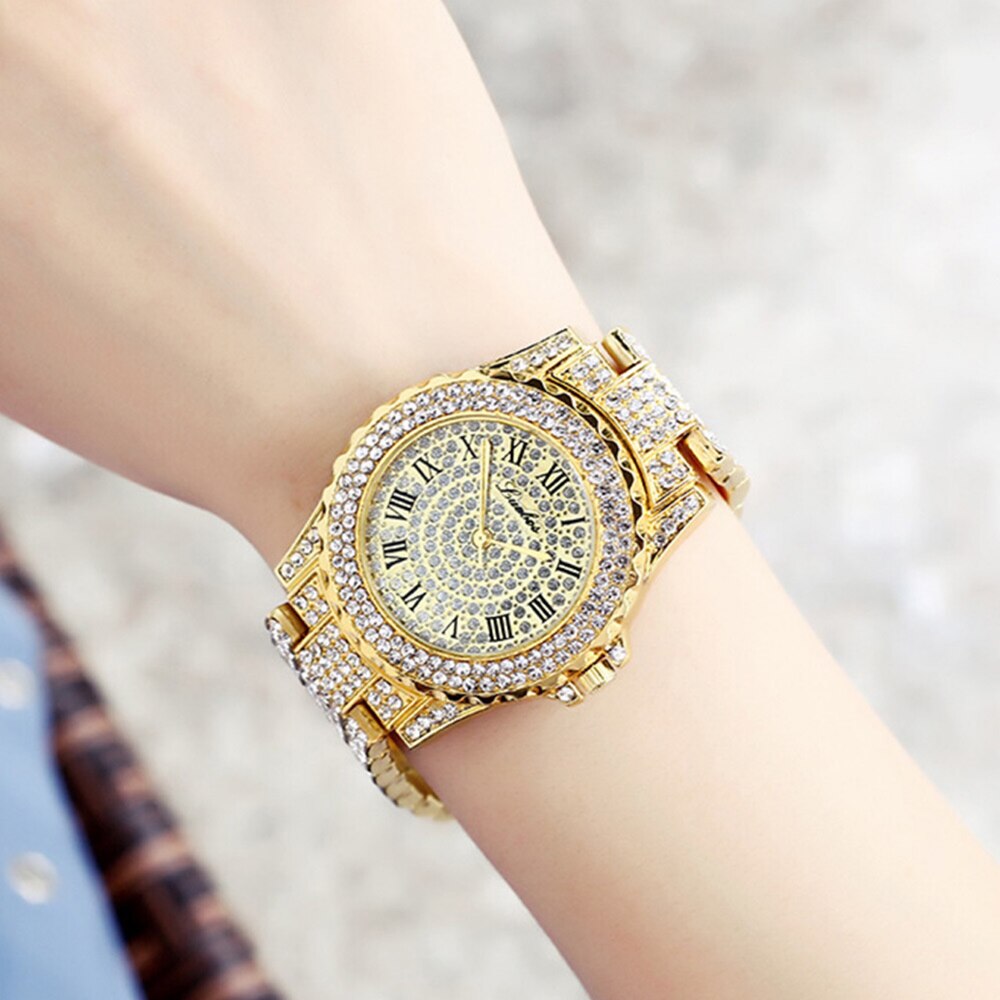 Crystal-Studded Bracelet and Watch Fashion Hip-hop Jewelry Set-Watches-Innovato Design-Gold-Innovato Design