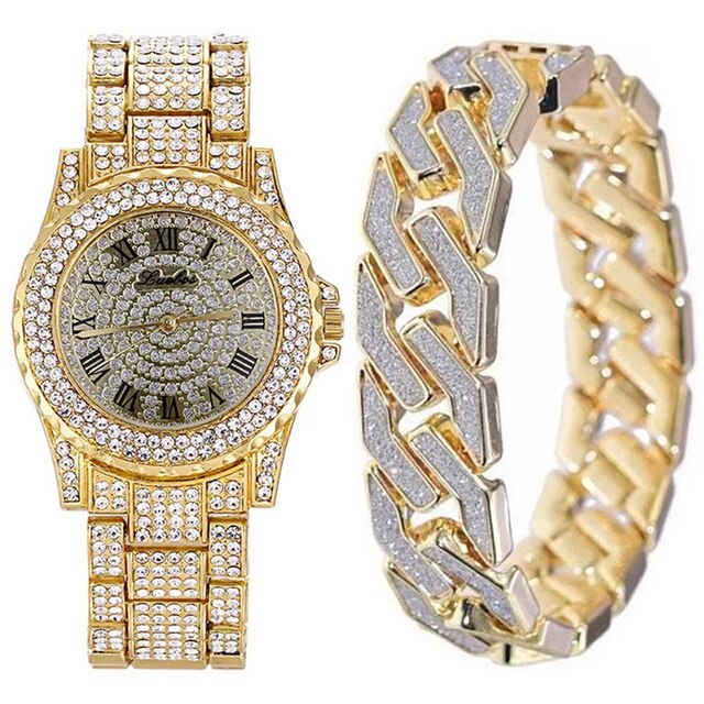 Crystal-Studded Bracelet and Watch Fashion Hip-hop Jewelry Set-Watches-Innovato Design-Gold-Innovato Design