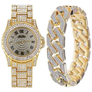 Crystal-Studded Bracelet and Watch Fashion Hip-hop Jewelry Set-Watches-Innovato Design-Gold-Innovato Design