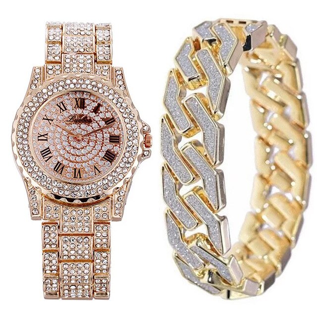 Crystal-Studded Bracelet and Watch Fashion Hip-hop Jewelry Set-Watches-Innovato Design-Rose Gold-Innovato Design