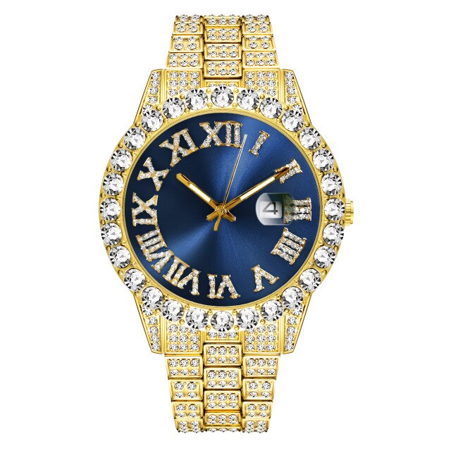 Waterproof Shock-Resistant Diamond-Studded Stainless Steel Band Fashion Hip-hop Quartz Watch-Watches-Innovato Design-Gold Blue-Innovato Design