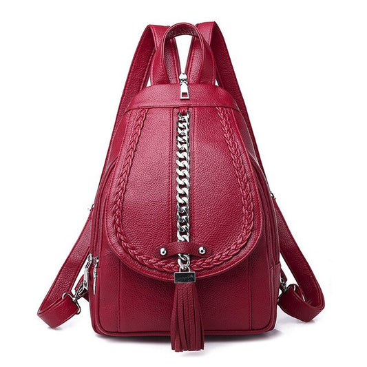 Large Capacity Waterproof Lightweight Chain and Tassel Preppy Style PU Leather Travel Backpack-Backpacks-Innovato Design-Red-Innovato Design