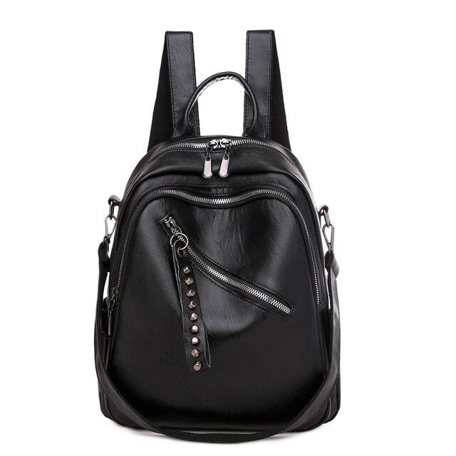 black rivet leather backpack Large Capacity Casual Rivet PU Leather Shoulder Bag, School Bag, and Travel Backpack, Black
