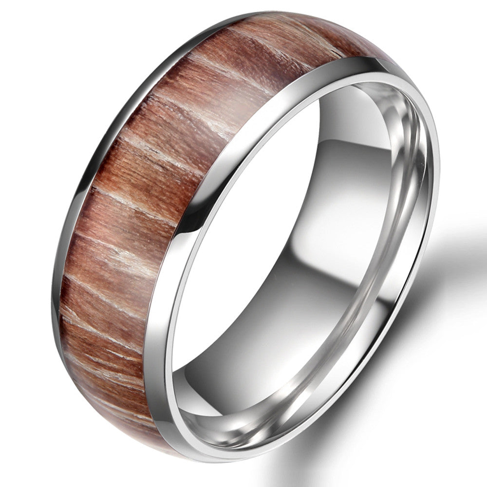 8mm Mahogany Wood Inlay Domed with Polished Edges Titanium Fashion Wedding Band-Rings-Innovato Design-7-Innovato Design