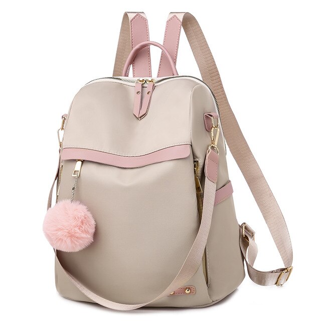Luxury Multifunction Cute Fur Ball Pendant Oxford School Bag-Backpacks-Innovato Design-Khaki-Innovato Design