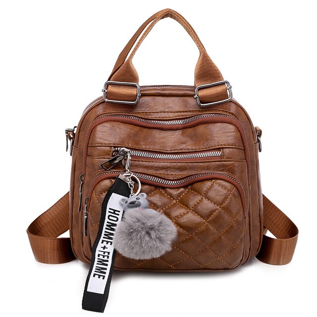 Multifunction Hairball Pendant and Rhombic Pattern Stitches Leather Backpack-Backpacks-Innovato Design-Brown-Innovato Design