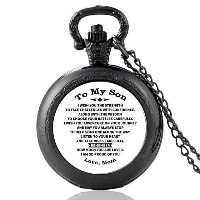 "To My Son Love Mom" Glass Cabochon Vintage Quartz Chain Link Pendant Pocket Watch-Pocket Watch-Innovato Design-Black-Innovato Design