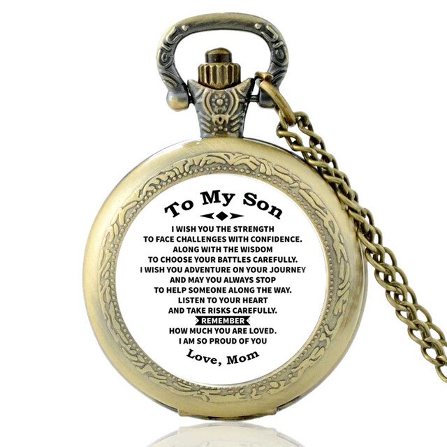 "To My Son Love Mom" Glass Cabochon Vintage Quartz Chain Link Pendant Pocket Watch-Pocket Watch-Innovato Design-Bronze-Innovato Design