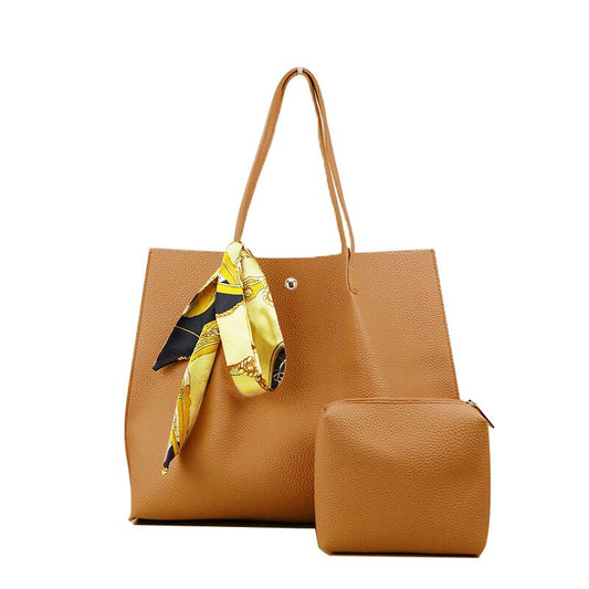 Large Capacity Luxury Designer Casual Scarf PU Leather Tote Bag, Shoulder Bag and Handbag Set-Handbags-Innovato Design-Black-Innovato Design