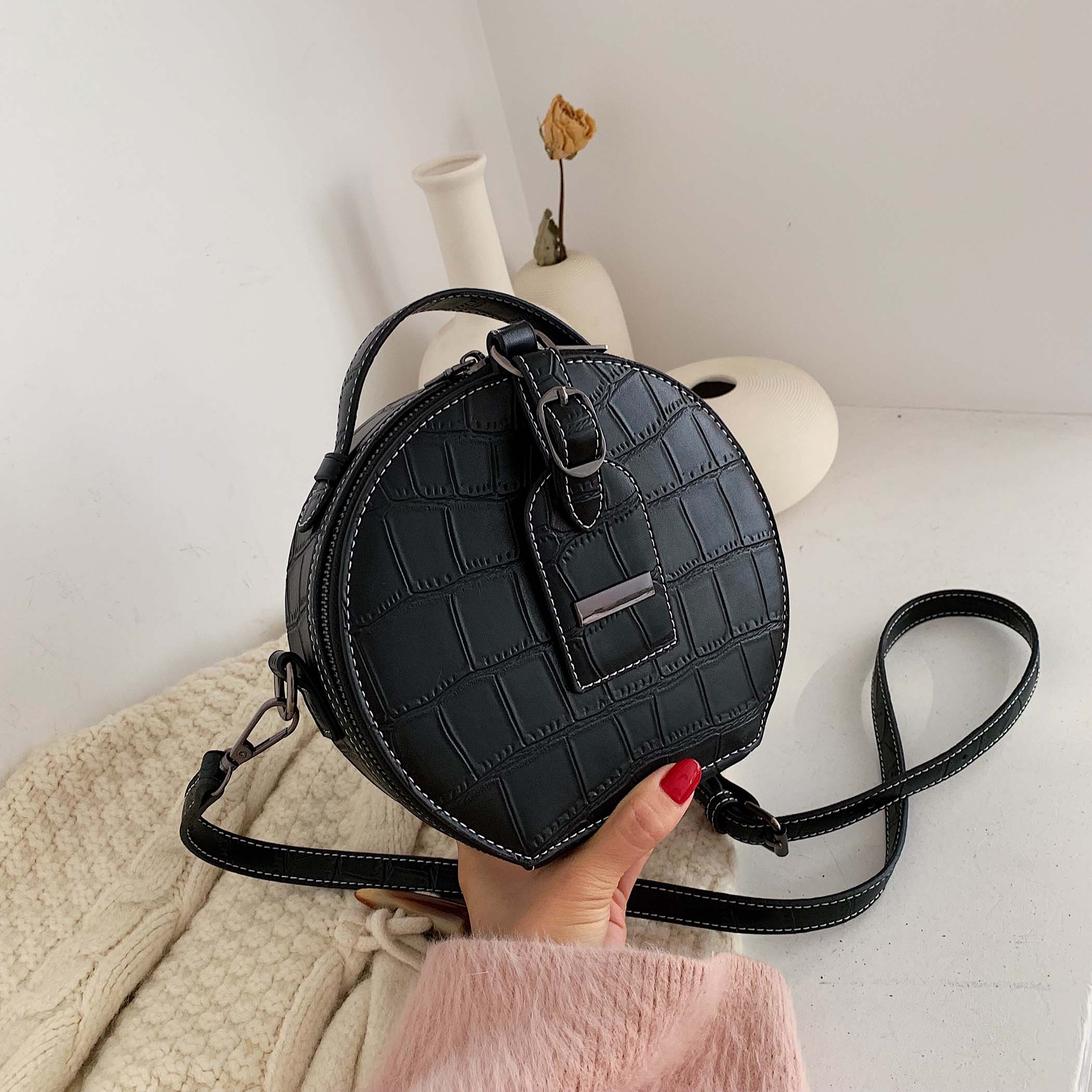 Small Round PU Leather Crossbody Bag, Shoulder Bag and Handbag-Handbags-Innovato Design-Black-Innovato Design