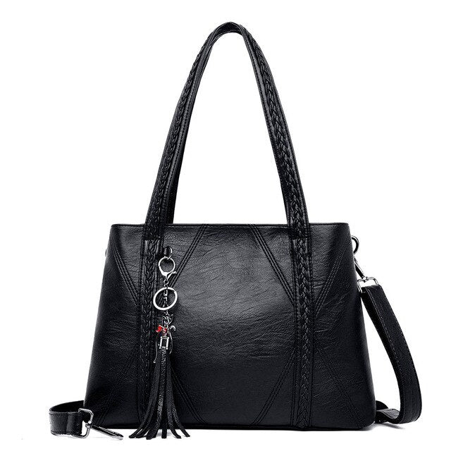 Large Capacity Tassel Leather Designer Shoulder Bag and Handbag-Handbags-Innovato Design-Black-Innovato Design