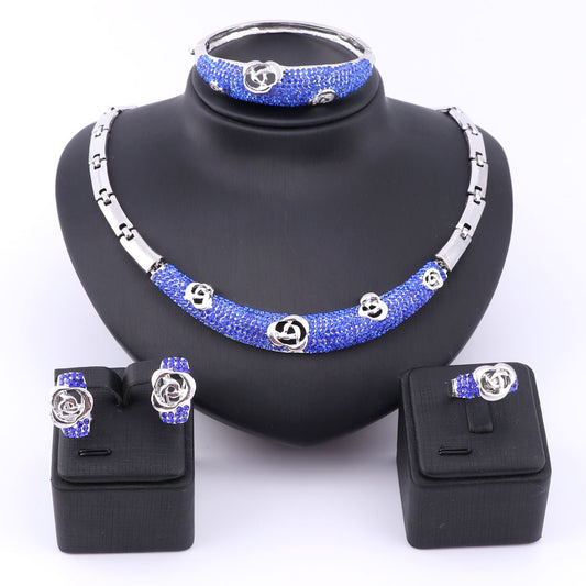 Austrian Blue Crystal Necklace, Bracelet, Earrings & Ring Wedding Statement Jewelry Set-Jewelry Sets-Innovato Design-Innovato Design