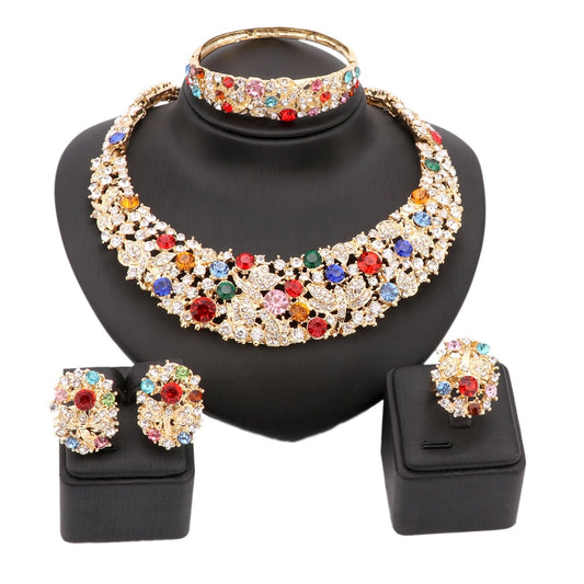 Colorful Rhinestone Necklace, Bracelet, Earrings & Ring Wedding Jewelry Set-Jewelry Sets-Innovato Design-Silver-Innovato Design
