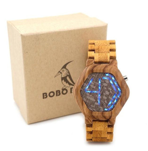 LED Display Natural Bamboo Wooden Wristwatch - InnovatoDesign