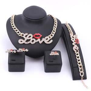 Rhinestone Love and Red Lips Necklace, Bracelet, Earrings & Ring Wedding Statement Jewelry Set-Jewelry Sets-Innovato Design-Innovato Design