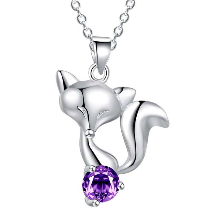 Sterling Silver Fox Pendant Necklace with Zircon Stone-Necklaces-Innovato Design-Purple-Innovato Design