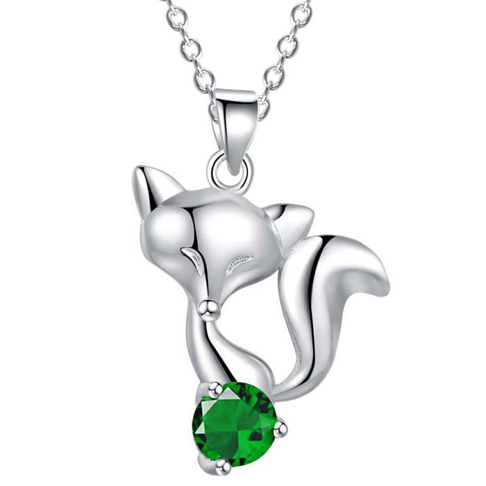 Sterling Silver Fox Pendant Necklace with Zircon Stone-Necklaces-Innovato Design-Green-Innovato Design