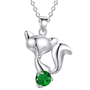 Sterling Silver Fox Pendant Necklace with Zircon Stone-Necklaces-Innovato Design-Green-Innovato Design