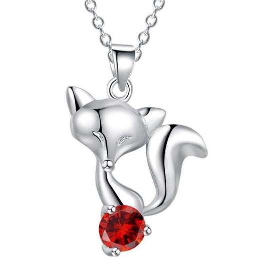 Sterling Silver Fox Pendant Necklace with Zircon Stone-Necklaces-Innovato Design-Red-Innovato Design
