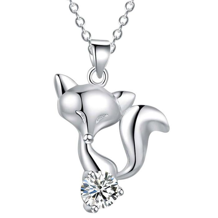 Sterling Silver Fox Pendant Necklace with Zircon Stone-Necklaces-Innovato Design-White-Innovato Design