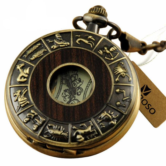 Zodiac Antique Wooden Pocket Watch with Chain-Pocket Watch-Innovato Design-Innovato Design