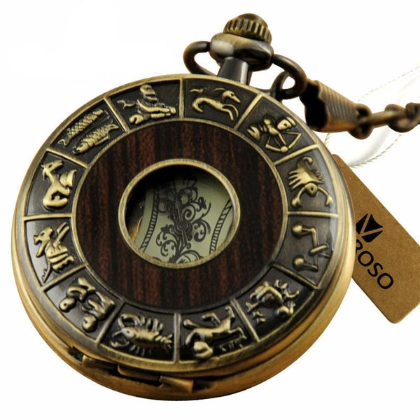 Zodiac Antique Wooden Pocket Watch with Chain - InnovatoDesign