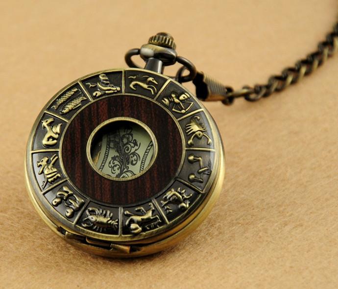 Zodiac Antique Wooden Pocket Watch with Chain-Pocket Watch-Innovato Design-Innovato Design