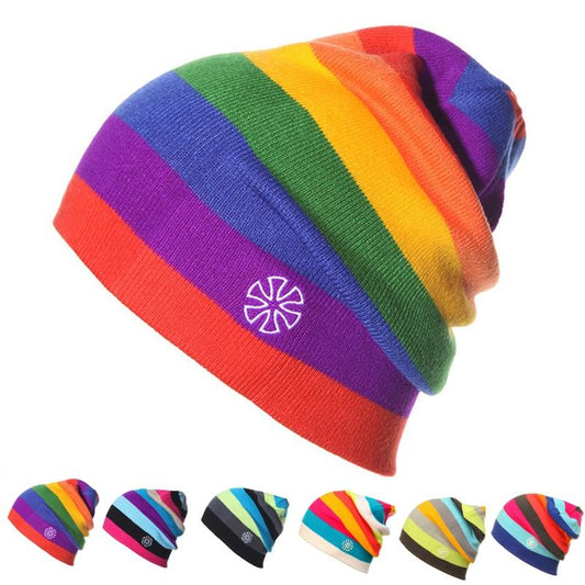 Multicolored Striped Knitted Hat, Beanie or Bonnet-Hats-Innovato Design-Red Purple Green-Innovato Design