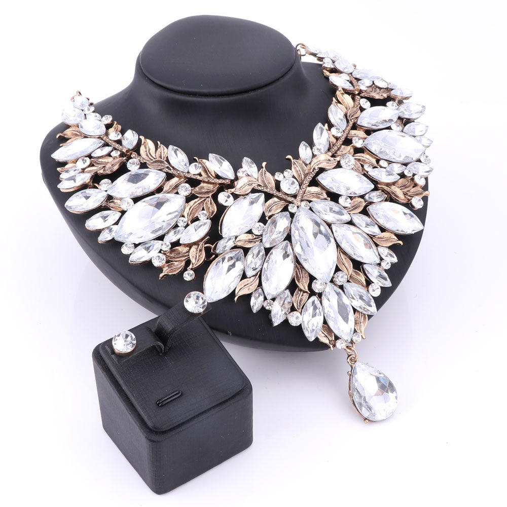 Vintage Gold-Plated Clear Rhinestone and Crystal Necklace & Earrings Wedding Statement Jewelry Set-Jewelry Sets-Innovato Design-Innovato Design