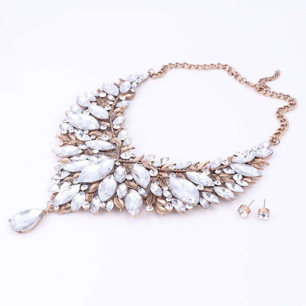 Vintage Gold-Plated Clear Rhinestone and Crystal Necklace & Earrings Wedding Statement Jewelry Set-Jewelry Sets-Innovato Design-Innovato Design