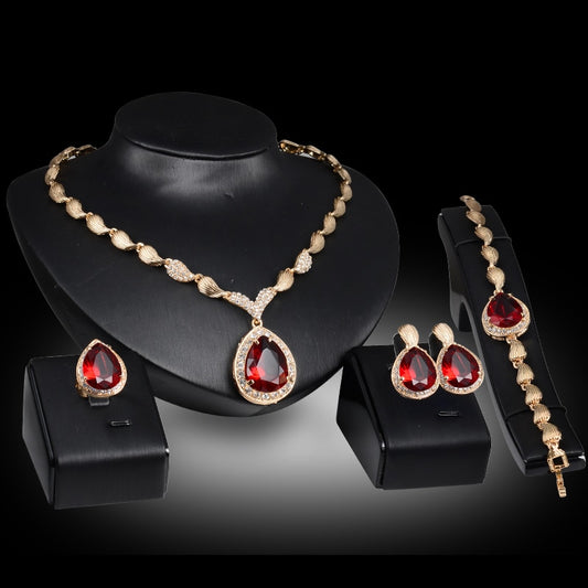 Gold-Plated Crystal Necklace, Bracelet, Earrings & Ring Wedding Statement Jewelry Set-Jewelry Sets-Innovato Design-Red-Innovato Design