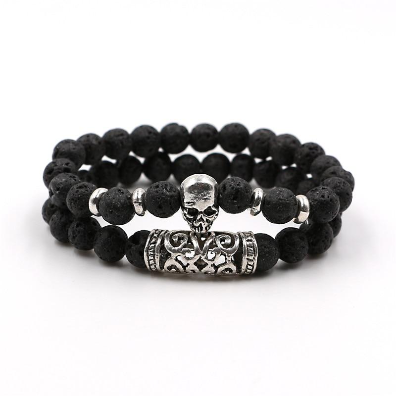 2 Pieces Set Natural Lava Stone Skull Bracelet-Skull Bracelet-Innovato Design-Black-Innovato Design