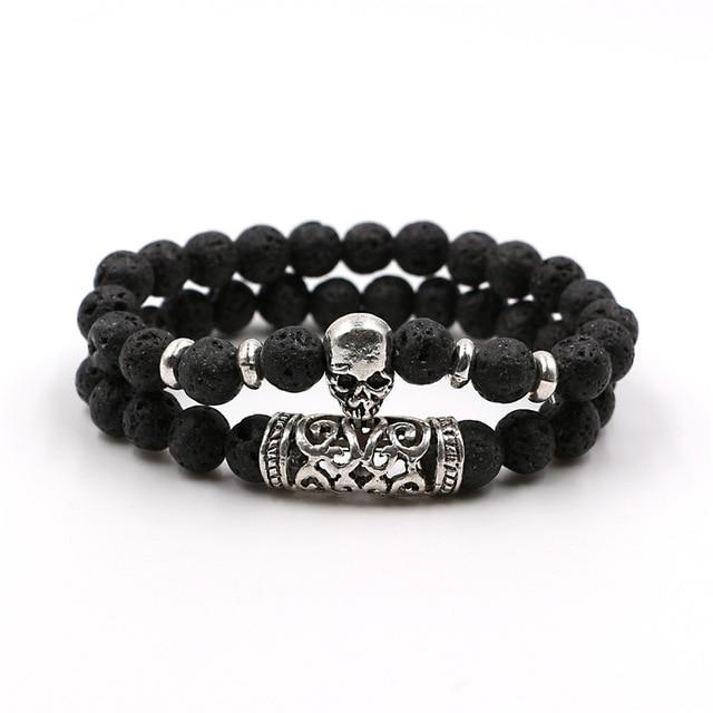 2 Pieces Set Natural Lava Stone Skull Bracelet-Skull Bracelet-Innovato Design-Black-Innovato Design