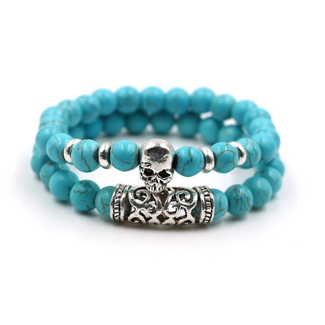 2 Pieces Set Natural Lava Stone Skull Bracelet-Skull Bracelet-Innovato Design-Blue-Innovato Design