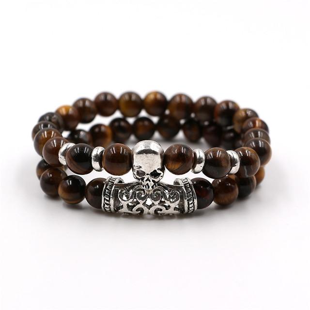 2 Pieces Set Natural Lava Stone Skull Bracelet-Skull Bracelet-Innovato Design-Brown-Innovato Design