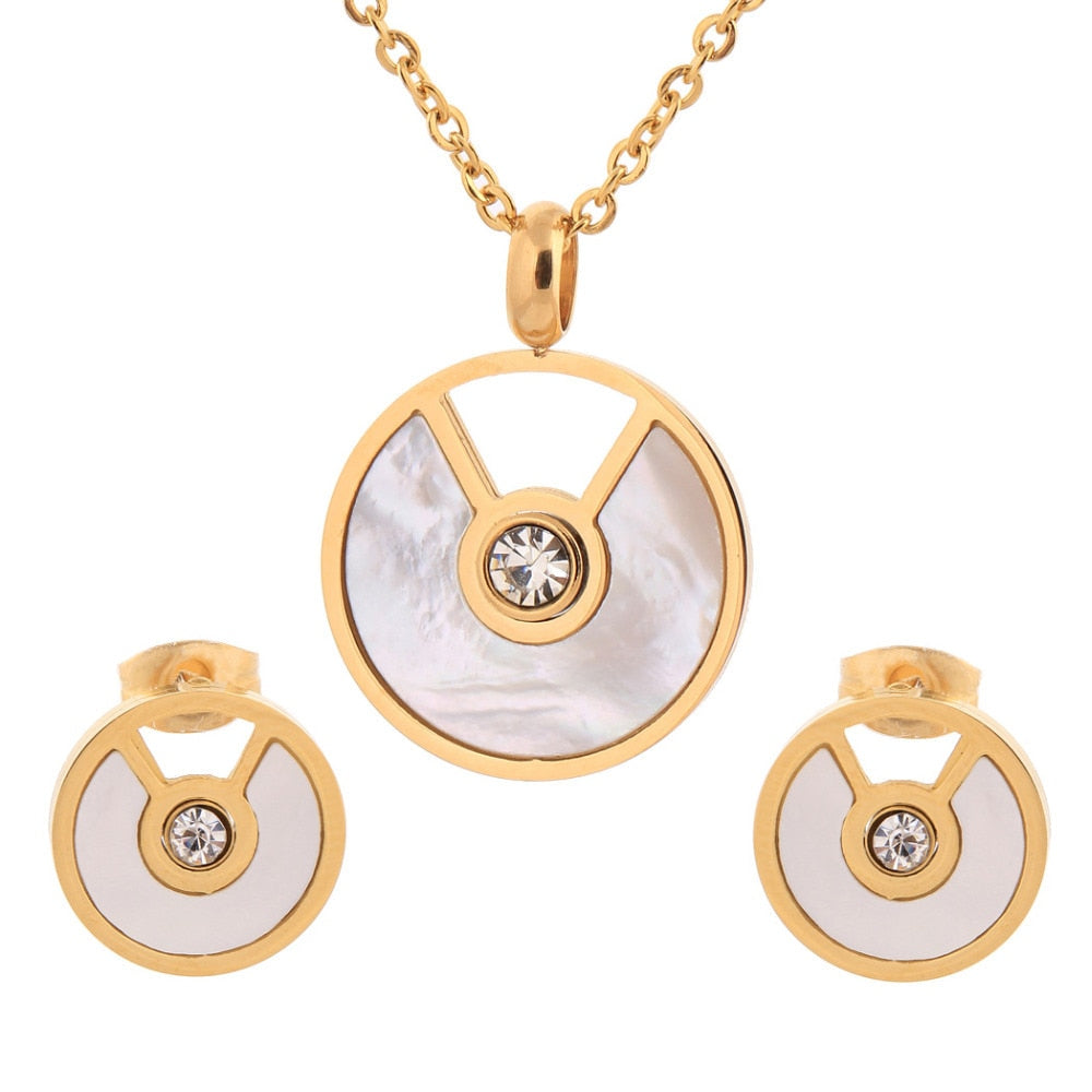 Crystal and Shell Gold-Plated Necklace & Earrings Wedding Jewelry Set-Jewelry Sets-Innovato Design-Innovato Design