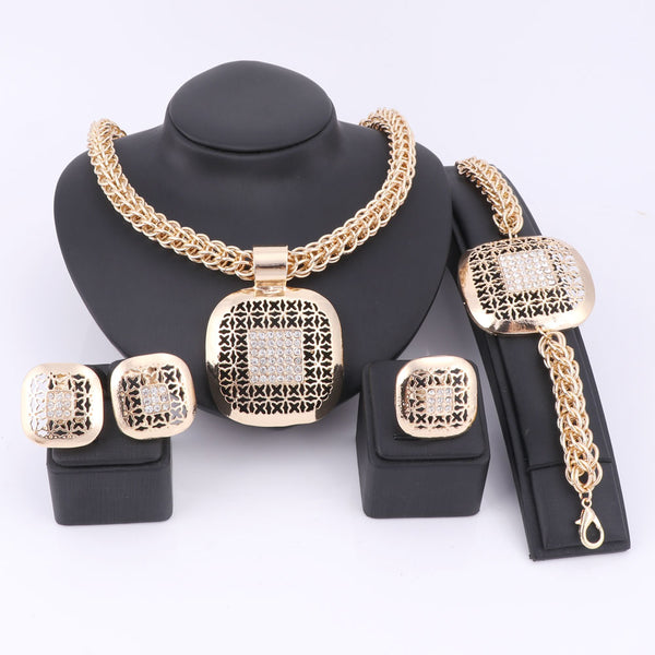 Gold-Plated Square Crystal Necklace, Bracelet, Earrings & Ring Wedding Statement Jewelry Set-Jewelry Sets-Innovato Design-Innovato Design