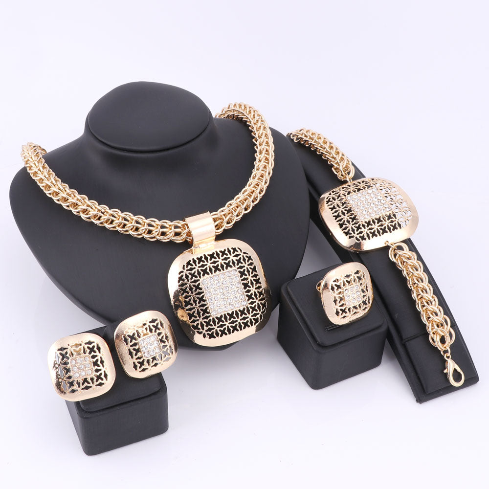 Gold-Plated Square Crystal Necklace, Bracelet, Earrings & Ring Wedding Statement Jewelry Set-Jewelry Sets-Innovato Design-Innovato Design