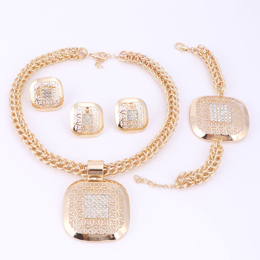 Gold-Plated Square Crystal Necklace, Bracelet, Earrings & Ring Wedding Statement Jewelry Set-Jewelry Sets-Innovato Design-Innovato Design