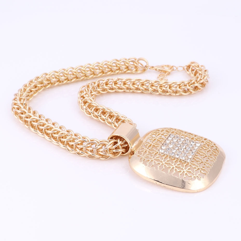 Gold-Plated Square Crystal Necklace, Bracelet, Earrings & Ring Wedding Statement Jewelry Set-Jewelry Sets-Innovato Design-Innovato Design